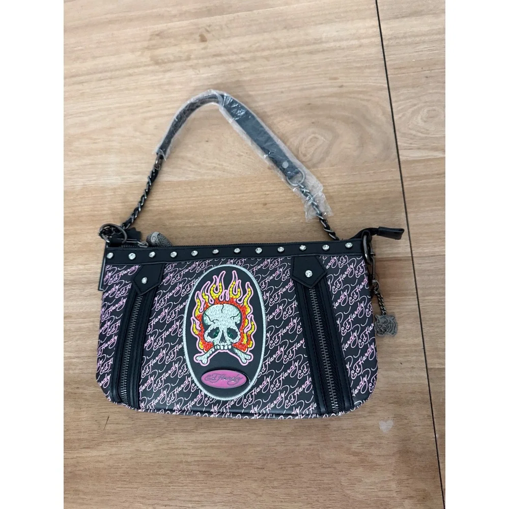 Ed Hardy Black Pink Flaming Skull Logo Shoulder Bag Y2K New